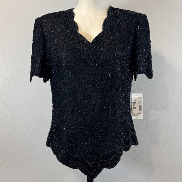 Cote D Azur Evening Womens M Black Beaded Silk Blouse Short Sleeve Back Zip NWT - Picture 1 of 16